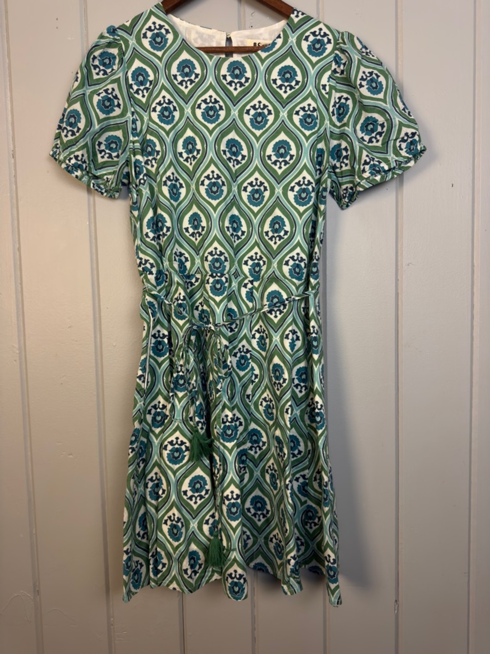 Boden Aquamarine Medallion Print Full Skirted Mini Dress Waist Tie Puff Sleeve